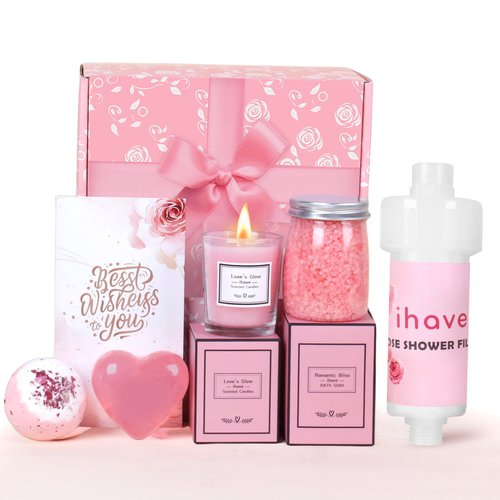SPA Gifts for Women, Mom, Wife, Girlfriend, Sister, Best Friends - Birthday Gifts for Her - Self Care Gift Ideas Including Shower Filter, Bath Bombs, Bath Salts, Candles, Soap and Thank You Cards