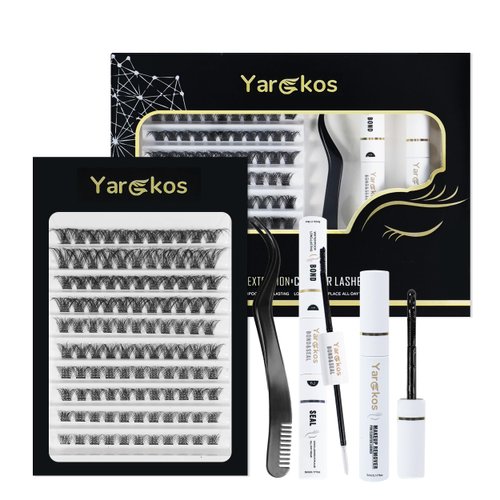 Yargkos Lash Extension Kit, 110Pcs 8-16mm D Mix Curl False Lashes Clusters, Bond and Seal Glue, Makeup Remover, Tweezers, Individual Eyelash Extensions Set, Natural Look DIY at Home, Black-A2