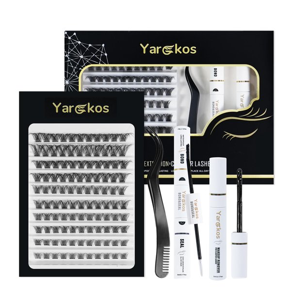Yargkos Lash Extension Kit, 110Pcs 8-16mm D Mix Curl False Lashes Clusters, Bond and Seal Glue, Makeup Remover, Tweezers, Individual Eyelash Extensions Set, Natural Look DIY at Home, Black-A2