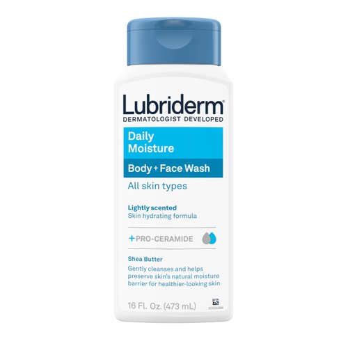 Lubriderm Daily Moisture Body + Face Wash, Hydrating Body Wash + Moisturizing Facial Cleanser with Pro-Ceramide & Shea Butter to Gently Cleanse, Light Fragrance & Hypoallergenic, 16 fl. oz