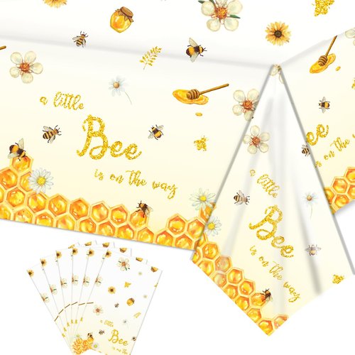 6Pcs Bee Tablecloth Bee Baby Shower Decorations - A Little Bee is On The Way Plastic Disposable Rectangle Bee Table Cover for Girls Boys Bee Party Decorations, Bee Themed Party Supplies (54'' x 108'')