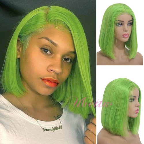 Ubetta Bob Wigs Human Hair Lace Front Wig for Black Women, Lime Green Colored Bob Lace Wig Pre Plucked with Baby Hair 13x4 Lace Wig 14Inch Bleached Knot Middle Part Cut Bob Wig 180 Density