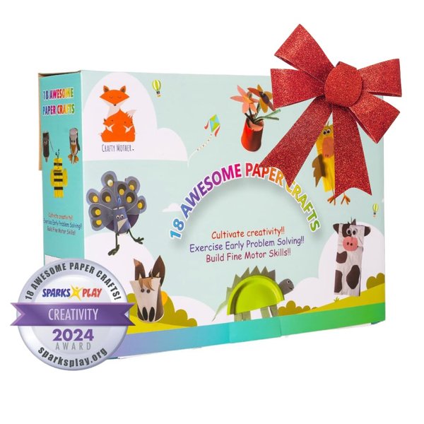 Crafty Mother, Award Winning, 18 Awesome Paper Crafts! All- Inclusive, Organized Preschool Arts and Craft Projects, Fun Craft Box for Kids Ages 4-8 and Older -Now with 100 Glue Dots!