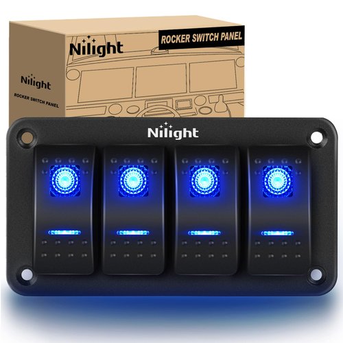 Nilight - 90109D 4 Gang Aluminum Rocker Switch Panel Toggle Dash 5 Pin ON/Off Pre-Wired Rocker Switch Blue Backlit Switch for Automotive Car Marine Boat RV,2 Years Warranty