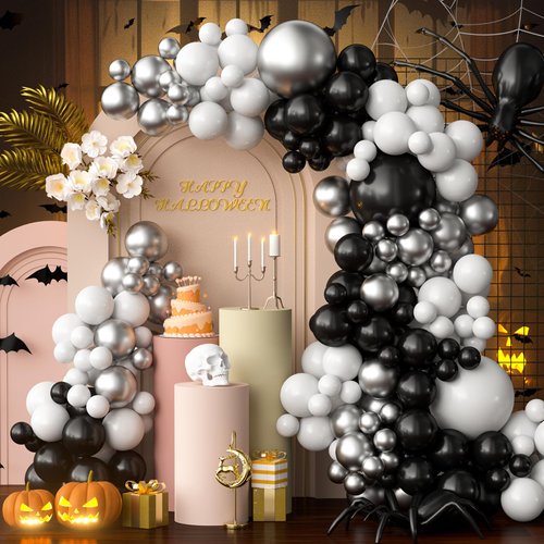 OuMuaMua Halloween Balloon Garland Arch Kit, 116Pcs Black White Metallic Chrome Silver Balloons Different Sizes for Halloween Party Decorations Kids Halloween Birthday Baby Shower Party Supplies