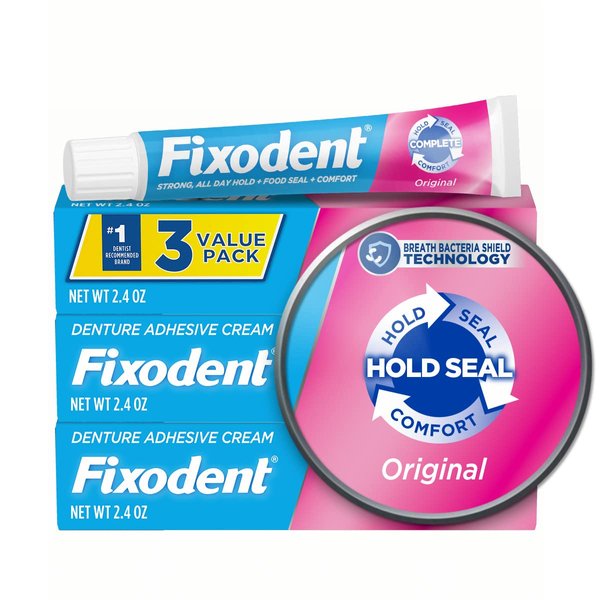 Fixodent Complete Original Denture Adhesive Cream, 2.4 oz, 3 Pack (Packaging May Vary)