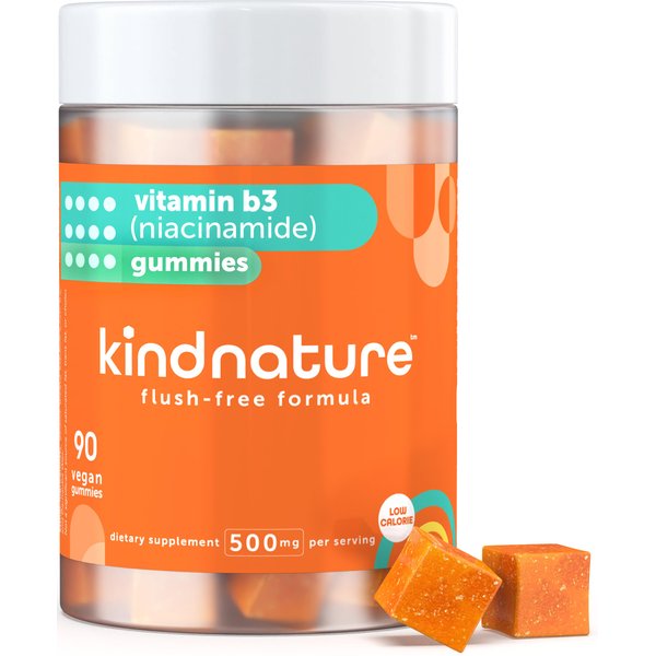 Kind Nature Vitamin B3 Niacin Gummies - Flush Free Niacinamide 500mg Supplement - Vegan, Non-GMO, Low-Calorie, Gluten-Free, Soy-Fee, 3rd Party Lab Tested - 1 Month Supply, 90 Chewable Gummies