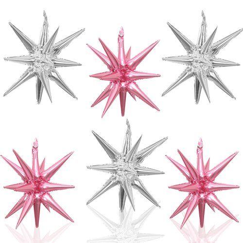 6 Pcs Star Foil Balloons One-Piece 14-Pointed Star Balloons 4D Starburst Cone Mylar Balloons 22inch Christmas Birthday Wedding Wedding Anniversary Party Supplies(Silver + Pink)