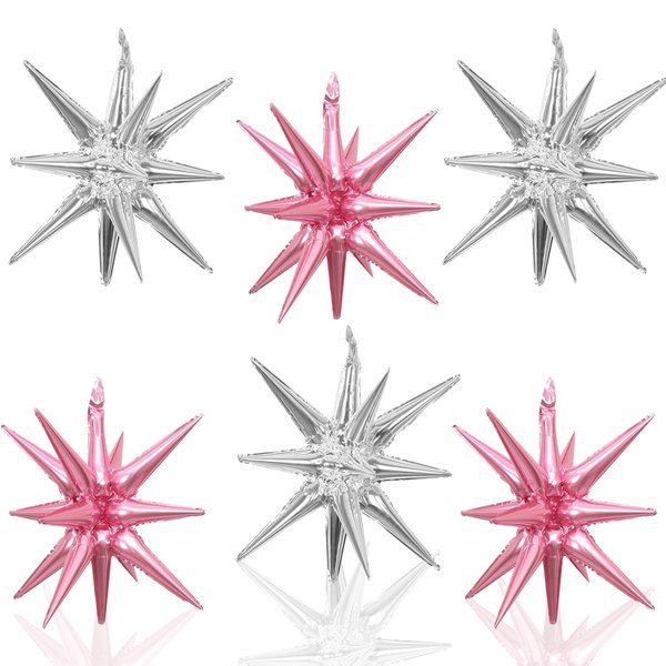 6 Pcs Star Foil Balloons One-Piece 14-Pointed Star Balloons 4D Starburst Cone Mylar Balloons 22inch Christmas Birthday Wedding Wedding Anniversary Party Supplies(Silver + Pink)
