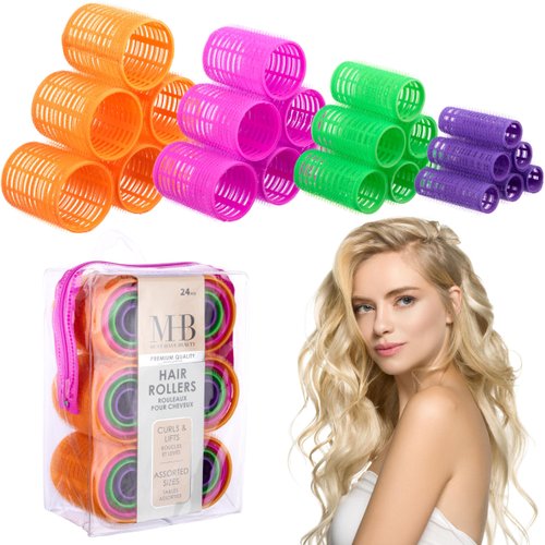 Expressions 24pc Hair Rollers Collection - Bright Colored Classic Hair Rollers for Curls & Lift, Self-Grip Hair Curlers for Women In Assorted Sizes