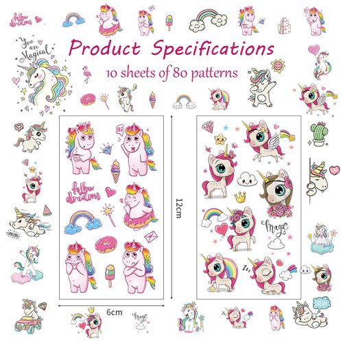 EJJUOO Unicorn Temporary Tattoos, Unicorn Tattoos for Kids, 10 Sheets 80pcs Unicorn Tattoos Temporary for Kids, for Kids Girls Party Favors Birthday Decorations & Supplies