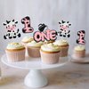 Ephlyn 24Pcs Cow First Birthday Cupcake Toppers Glitter Farm Animals Moo One Cupcake Pick Decorations for Baby Shower 1st Birthday Party Supplies Pink