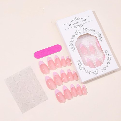 24 Pcs French Tip Press on Nails Cute Acrylic Fake Nails with 3D Bow Pearl Nude Pink Full Cover False Nails with Glue Almond Nail Tips Glossy Glue on Nails Artificial Stick on Nails for Women Girls