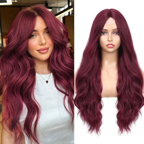 WIGNEE Long Red Wig Middle Part Dark Red Wig 26 Inches Long Wavy Wigs for white women Natural Looking Wavy Wig Long Wigs For Women Daily Party Use(Burgendy)