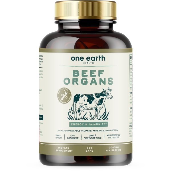 One Earth Health New Zealand 100% Grass Fed Beef Organs – (200 Count, 3,000mg Serving) Liver, Heart, Kidney, Pancreas, Spleen Supplement. Organ Meat Complex sourced from New Zealand