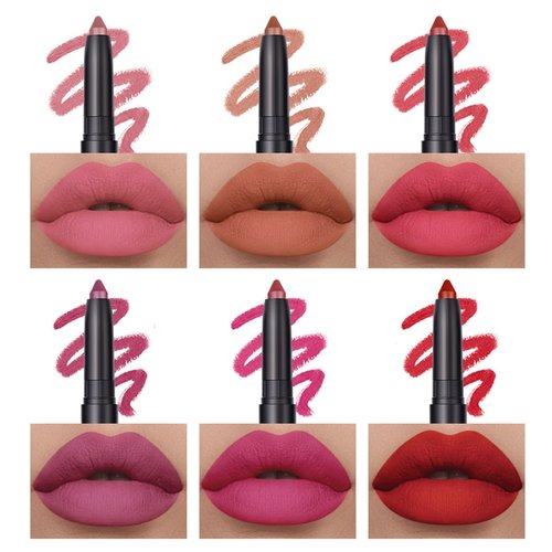 6 Colors Matte Lip Crayon Set, Velvet Creamy Lipstick Lip Liner Pencil Set, Intense Full Coverage Long-Lasting Soft Matte Lipstick Kit with Built-in Sharpener