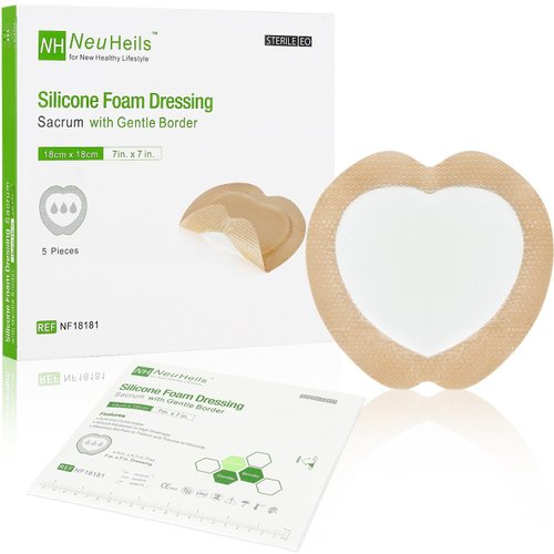 Sacrum Silicone Foam Dressing with Gentle Border for Sacral Ulcer, Pressure Ulcer, Butt Bed Sore, Size 7''x7''（4.9''x5.3''Pad) 5 Pack, High Absorbency Silicone Adhesive Wound Bandage by NeuHeils