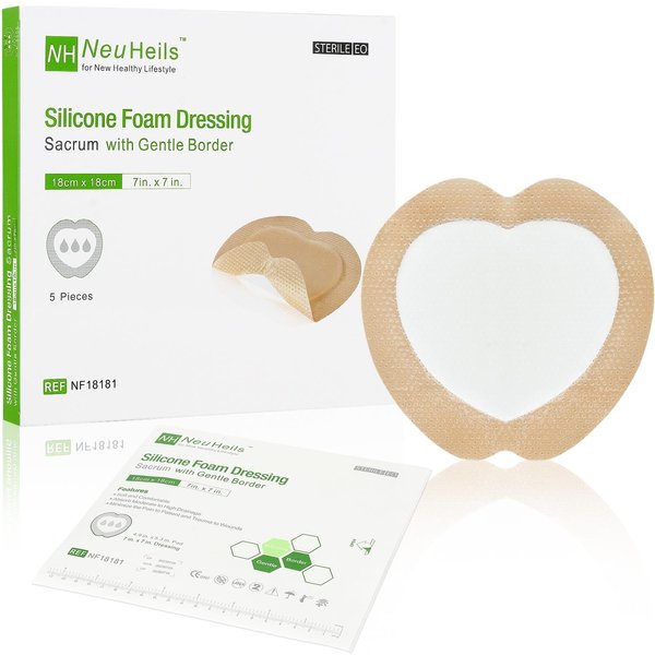 Sacrum Silicone Foam Dressing with Gentle Border for Sacral Ulcer, Pressure Ulcer, Butt Bed Sore, Size 7''x7''（4.9''x5.3''Pad) 5 Pack, High Absorbency Silicone Adhesive Wound Bandage by NeuHeils
