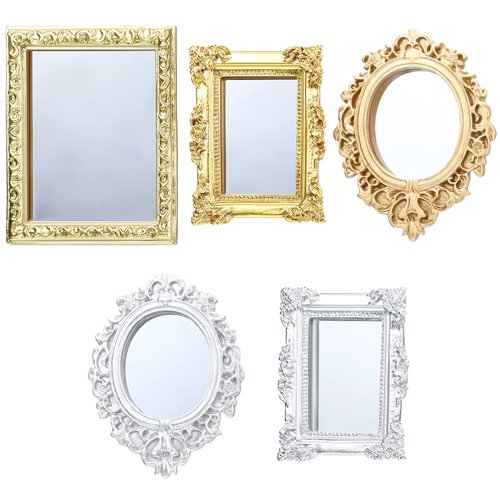 5 Pieces Miniature Dollhouse Mirror European Frame Mirror Dollhouse Victorian Baroque Wall Mirror Miniature Bedroom Mini Furniture Accessory for 1/12 Dollhouse Decor, Gold and Silver (Elegant Style)