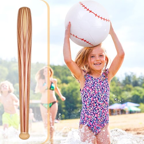 Set of 6 Beach Baseball Ball Inflatable Baseball Bat Include 2 Pcs 11 Inch Beach Baseball and 4 Pcs Baseball Bat Inflates Kids Baseball Pool Toys for Pool Beach Fun Sports Game Birthday (Light Brown)