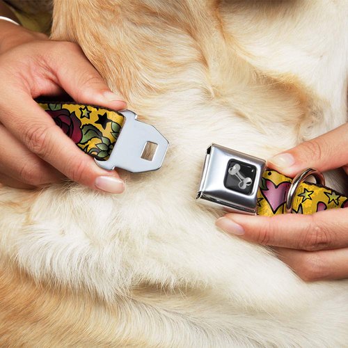 Buckle-Down Seatbelt Buckle Dog Collar - Mom & Dad CLOSE-UP Yellow - 1.5" Wide - Fits 16-23" Neck - Medium
