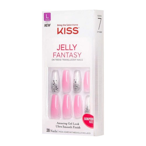 KISS Jelly Fantasy On-Trend Translucent Nails, Long Sculpted Glue-On/Press-On Fake Nails Kit, “Sweatpants”, with Gel Nail Glue, 24 Mega Adhesive Tabs, Mini File, Manicure Stick, & 28 False Nails
