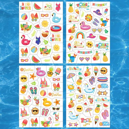 Waterproof Temporary Tattoos - 118pcs Groovy Fake Tattoo for Kids Swimming Party Supplies, Star Pool Sunglasses Summer Arts and Crafts for Boys or Girls 6 7 8 9 10 11 12 years old