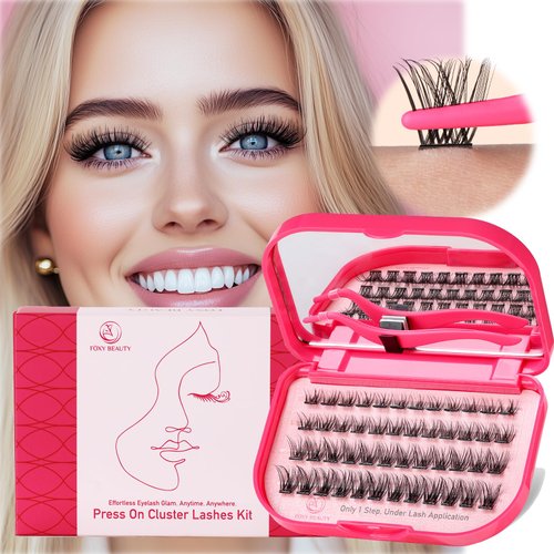 Self Adhesive Eyelashes - 48PCS Pre Glued Lashes Cluster With Tweezers,1 Step Press On False Lash Clusters Kit, D Curl, No Glue Needed, Lashes Case with Mirror,Natural Cat-Eye Look