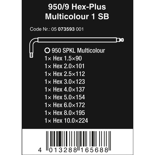 Wera Tools 05073593001 950 SPKL/9 SM N SB Long ARM HEX Key Set, One Size, Multi