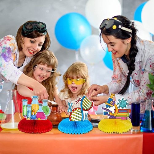 9 Pcs Science Party Decorations Science Lab Themed Honeycomb Centerpiece Party Table Toppers for Kids Scientist Laboratory Party