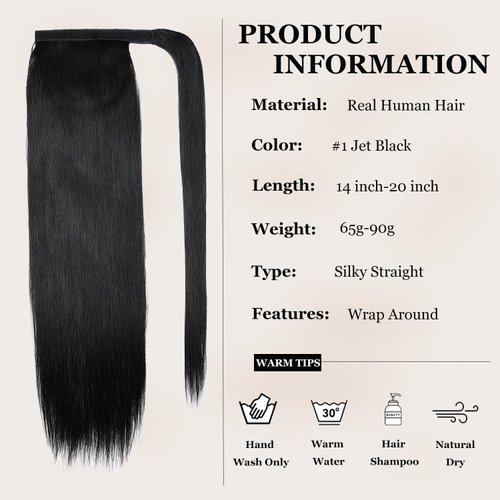 JIAMEISI Ponytail Extension Human Hair Wrap Around Clip in Hair Piece Ponytail Extension Human Hair Straight Ponytail For Black Women with Magic Paste 70G(16 inch, Black #1)