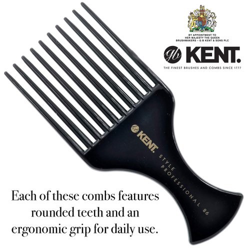 Kent SPC86 Hair Comb, Salon-Style, Pick and Barber Comb for Curly Hair and Afro Parting, Hair Care Comb for Thick Hair, Professional Quality, Rubberized Finish, 220 mm, Black, Unisex