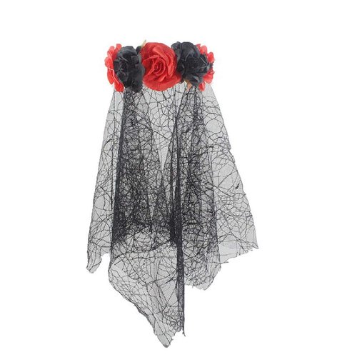 ANIUHL Day Of Dead Veil Halloween Rose Flower Crown Mexican Headband for Women