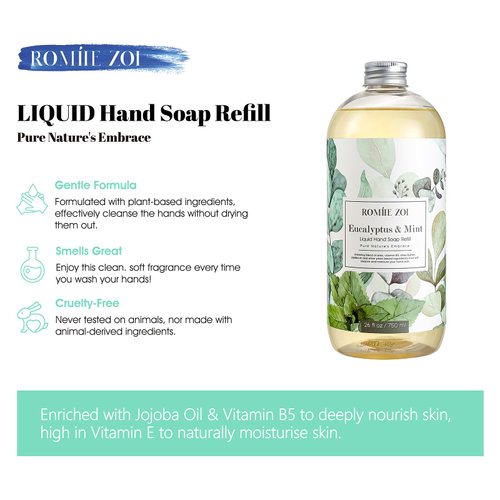 ROMIIE ZOI Liquid Hand Soap Refill, Eucalyptus & Mint, Gentle & Moisturizing Formula, 750 ML/ 26 FL OZ