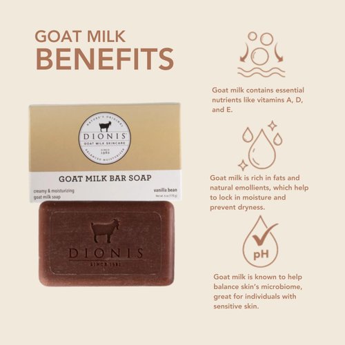 Dionis Goat Milk Skincare 6oz Vanilla Bean Scented Hand & Body Bar Soap - Moisturize, Restore, For All Skin Types, Non Greasy, No Residue - Cruelty Free Made In The USA - Paraben Free Formula