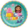 Gabby's Dollhouse Birthday Party Supplies Bundle includes 8 Dessert Cake Plates, 8 Lunch Plates, 16 Napkins, 1 Dinosaur Sticker Sheet
