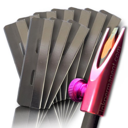 Metal Eyebrow Pencil Shaper Mapping Brow Pencil Sharpener | Shaping Tool for Waterproof Peel-Off Brow Pencils with 10 Razors Duckbill Makeup Pencil Sharpener Eyebrow Mapping Kit (Pink)