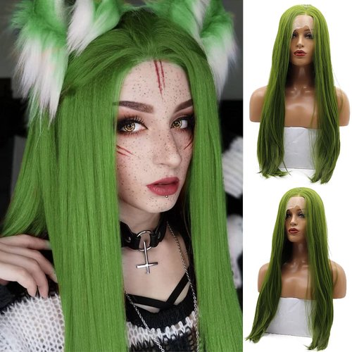 AFBeauty Soft Green Wig Olive Green Long Straight Lace Front Wigs for Women Natural Hairline Synthetic Neon Color Wigs with Baby Hair Glueless Hair Replacement Wigs Drag Queen Cosplay Daily 24”