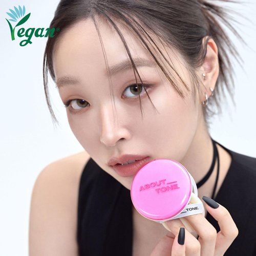 ABOUT TONE Glow Powder Pact 0.28oz - Shining Tone-Up Pressed Powder Compact with Mirror and Puff Natural Peach Pearl Shimmery Blur Finish Face Makeup Setting Finishing Transparent Sebum Control Vegan