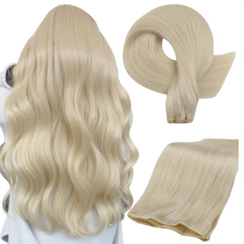 Full Shine Genius Weft Human Hair Extensions Sew In Weft Extensions Real Straight Hair Blonde Human Hair Extensions Hand Tied Weft Extensions Color Platinum Blonde Hair Weft 50G 14 Inch