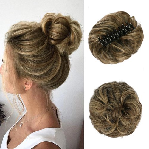 SOFEIYAN Claw Clip Messy Bun Hair Piece Wavy Curly Hair Bun Clip in Claw Chignon Ponytail Hairpieces Synthetic Tousled Updo Hair Extensions Scrunchie Hairpiece for Women, Golden Brown & Light Blonde