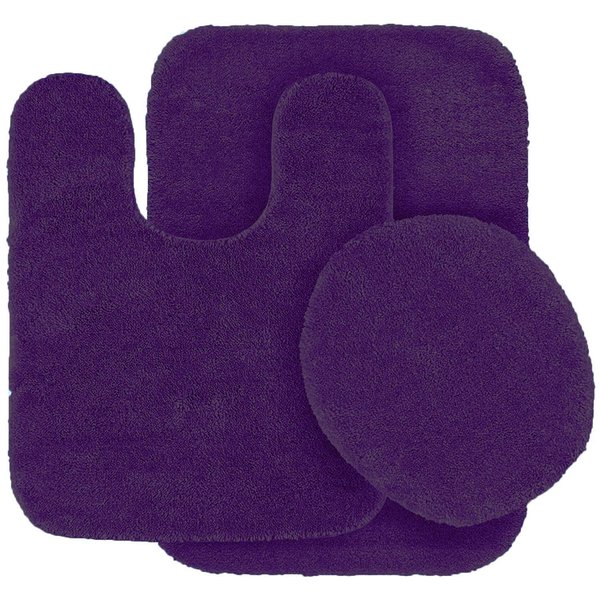 Fancy Linen 3pc Solid Non-Slip Bath Mat Set Bathroom U-Shaped Contour Rug, Mat and Toilet Lid Cover New # 6 (Dark Purple)