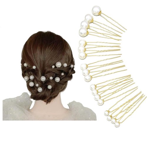 18 Pcs Pearl Hair Pins Bridal Hair Accessories Pearl Crystal Bobby Bridal Hairpin Wedding Hair Accessories,U Pearl Shaped Hair Pins for Brides Bridesmaids Women (Gold)