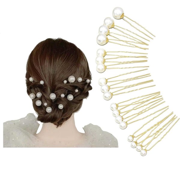 18 Pcs Pearl Hair Pins Bridal Hair Accessories Pearl Crystal Bobby Bridal Hairpin Wedding Hair Accessories,U Pearl Shaped Hair Pins for Brides Bridesmaids Women (Gold)