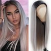 Lezaxiu Gray Lace Front Wig Long Straight Hair Wigs Ombre Grey Wig Heat Resistant Fiber Hair Synthetic Lace Front Wigs for Fashion Women 24 Inch
