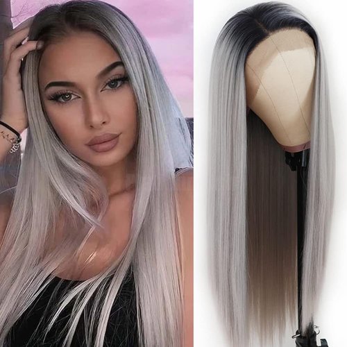 Lezaxiu Gray Lace Front Wig Long Straight Hair Wigs Ombre Grey Wig Heat Resistant Fiber Hair Synthetic Lace Front Wigs for Fashion Women 24 Inch