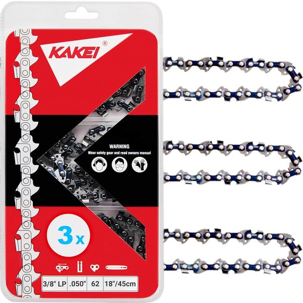 KAKEI 18 Inch Chainsaw Chain 3/8" LP Pitch, 050" Gauge, 62 Drive Links Fits Poulan, Kobalt, Echo, Ego, Greenworks and More- S62 (3 Chains)