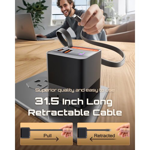 65W Retractable USB C Charger Block, PD PPS Fast Charging Wall Charger with Retractable Type-C Cable and Dual Port, Portable GaN3 Charger with Foldable Plug for MacBook, iPhone 16, iPad, Galaxy, Pixel