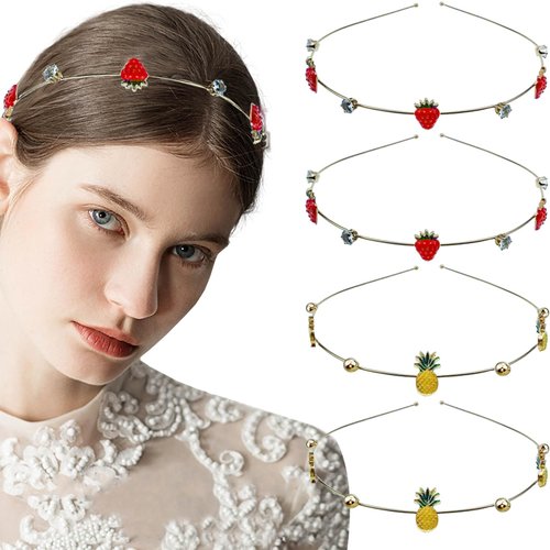 Jaczora 4 PCS Strawberry Pineapple Hair Headbands Cute Pearl Mermaid Headpiece Summer Fruit Hair Hoops Bridal Vine Tiara Wedding Hair Accessories for Bride Women Girls