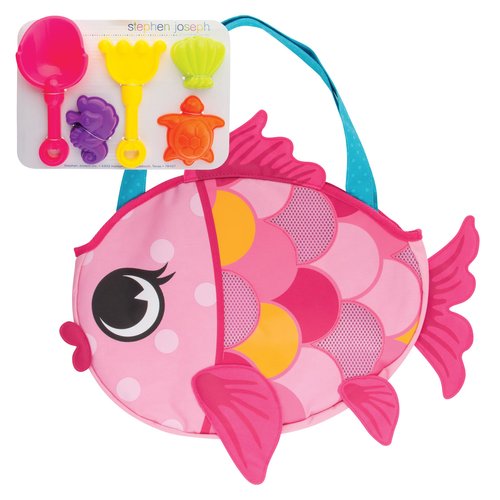 Stephen Joseph, Beach Tote with Sand Toys - Toddler and Baby Beach Toys, Travel Friendly Beach Set, 6 Piece Beach Play Set, Beach Bag with Sand Toys for Toddlers and Kids, Pink Fish